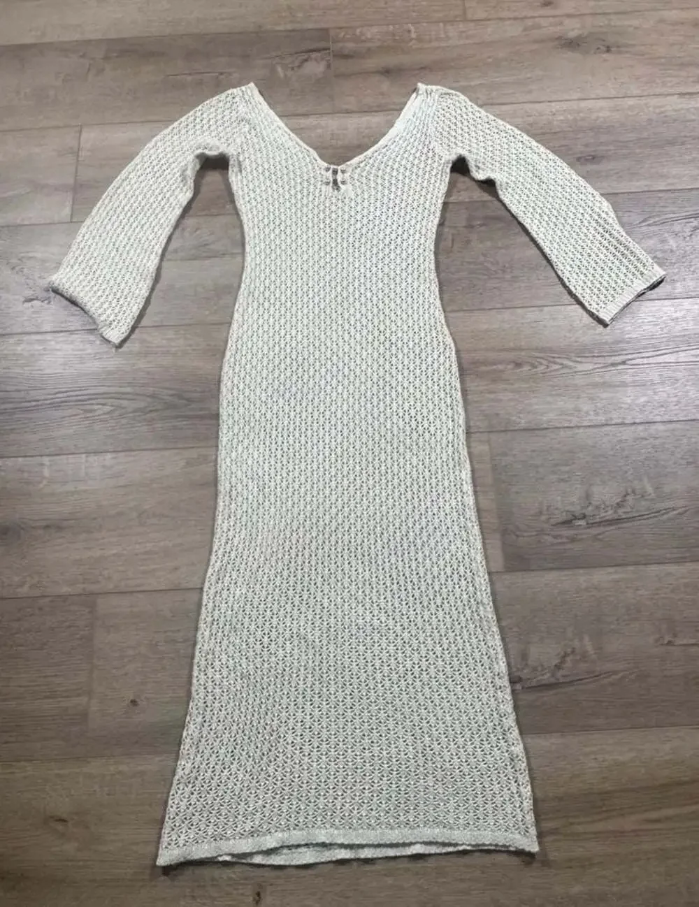 Y2K Crochet Knit Maxi Dress Bell Sleeve Beach Cover Up Boho XS - S Beige - Picture 2 of 10